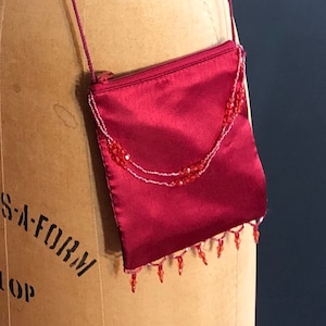 Y2K Red Satin Bag / Shoulder / Crossbody Beaded Pouch Purse / 90s Vintage Boho Evening Bag / Claire&#39;s