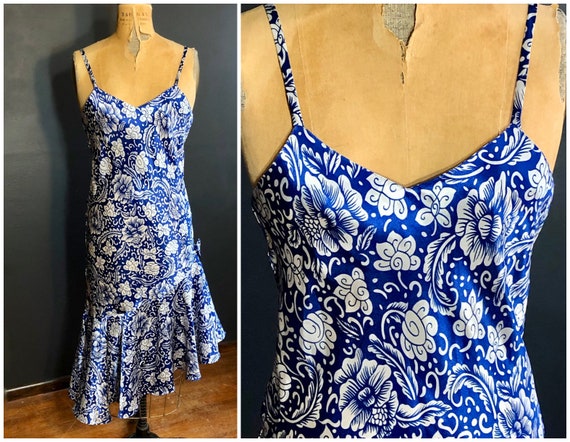 Vintage Lingerie Chemise Dress / Blue & White Floral Satin / | Etsy