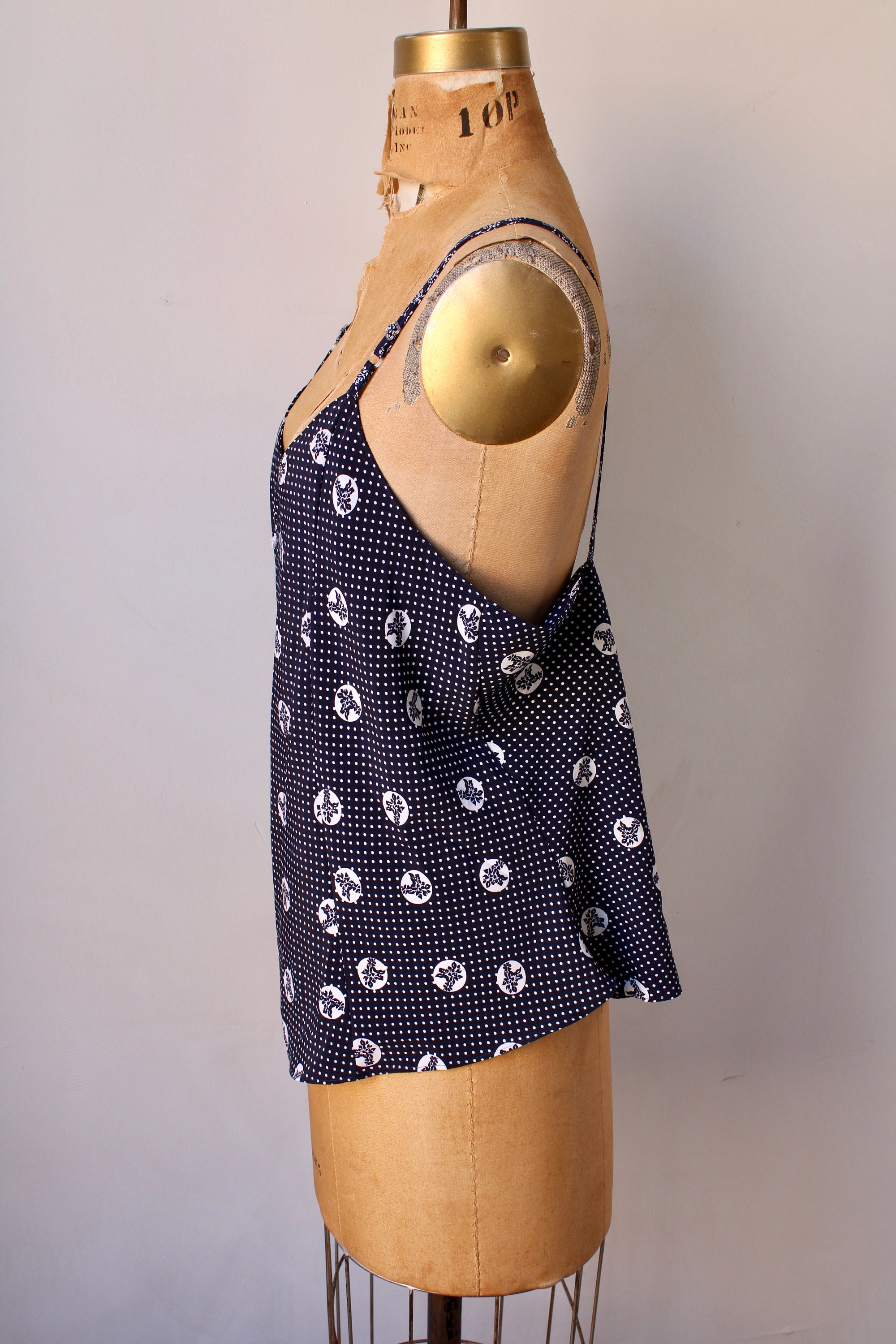 Polka Dot Camisole Lingerie Top / 90s Vintage Navy Blue and