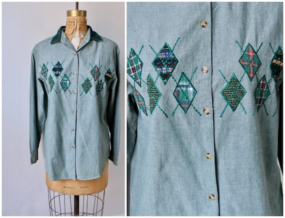 80s Vintage Argyle Button Down Shirt / Blouse / Top / 1980s Retro