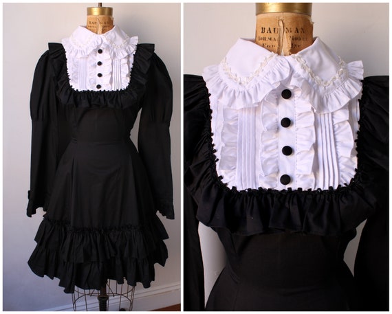 Gothic Black & White Dress / Vintage Dress with Ru