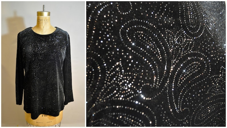 Black /& Silver Velvet Holiday Top 90s Vintage Sparkly Blouse Shirt Christmas Party New Years Eve Clothes