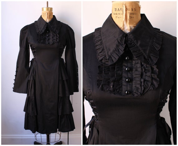 Gothic Black Lace Up Dress / Vintage Dress with Ru