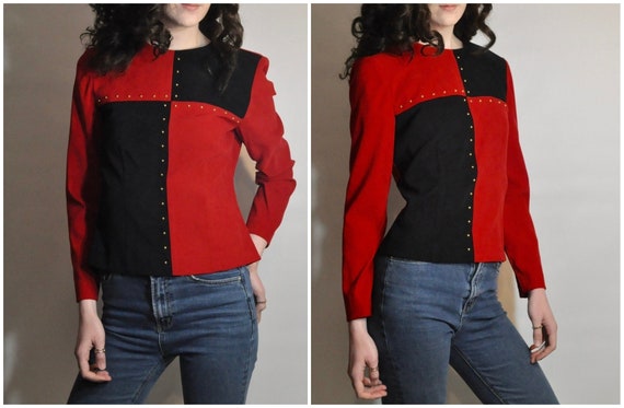 Harlequin Top / Black and Red Faux Suede Color Bl… - image 1