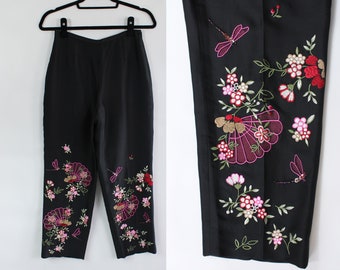 Pantalones SILK 80s / Pantalones de seda negros florales bordados vintage / Femme / Talla mujer 4