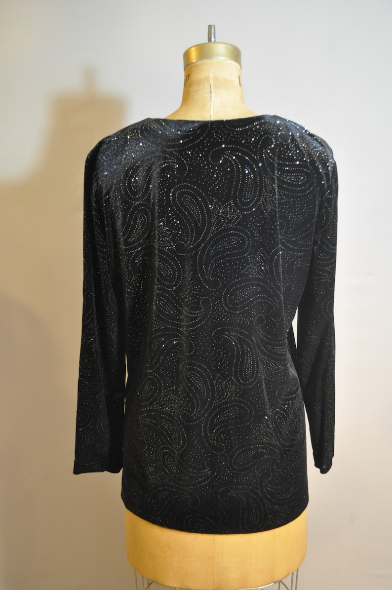 Black /& Silver Velvet Holiday Top 90s Vintage Sparkly Blouse Shirt Christmas Party New Years Eve Clothes