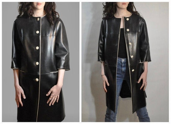 60s Mod Duster Coat / Vintage Black and White Leat