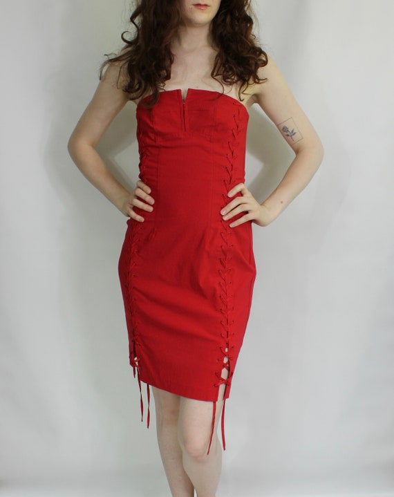 Mini Red Corset Dress / NEW WITH TAGS Lace Up Sid… - image 8