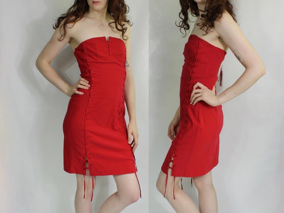 Mini Red Corset Dress / NEW WITH TAGS Lace Up Sid… - image 1