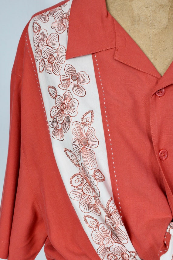 Vintage Embroidered SILK Shirt / 90s Orange Butto… - image 7