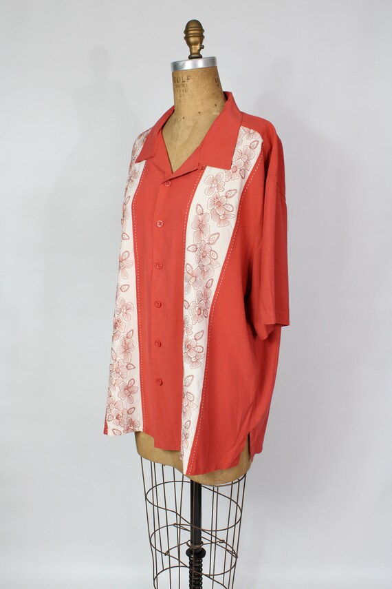 Vintage Embroidered SILK Shirt / 90s Orange Butto… - image 3