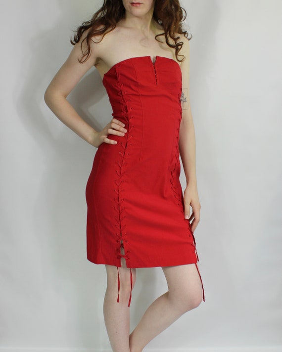 Mini Red Corset Dress / NEW WITH TAGS Lace Up Sid… - image 3