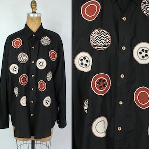 Retro Button Down Shirt / Vintage Western Top with Patches / Unisex / Men&#39;s / Women&#39;s Size L / Large