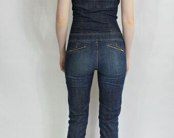 90s Denim Jumpsuit / ARMANI Vintage Deep V Neckline Moto Jumpsuit