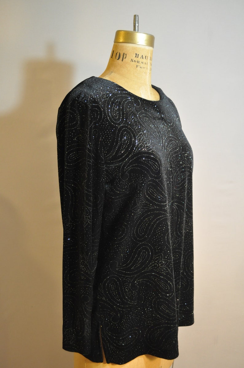 Black /& Silver Velvet Holiday Top 90s Vintage Sparkly Blouse Shirt Christmas Party New Years Eve Clothes