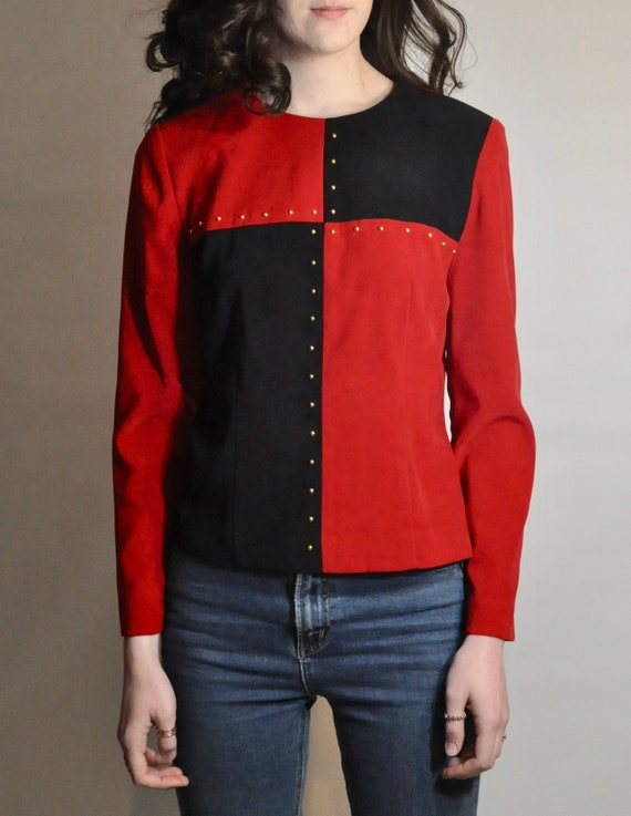 Harlequin Top / Black and Red Faux Suede Color Bl… - image 4