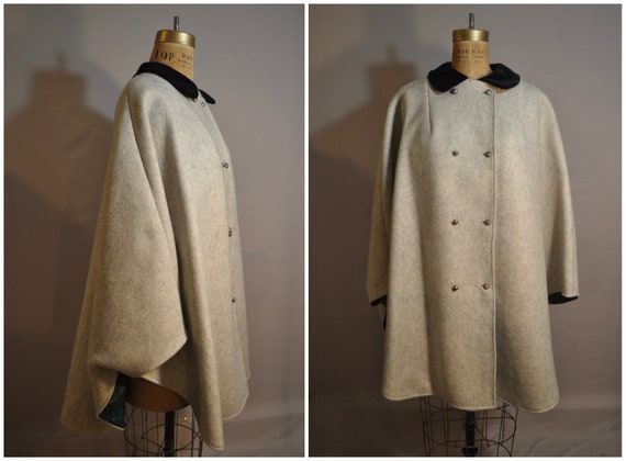 60s Mod Cape Coat with Black Velvet Collar, Emeral
