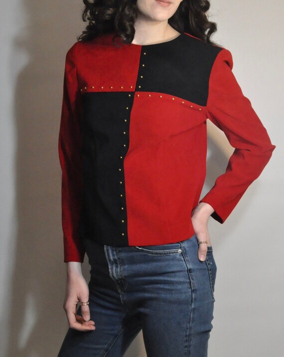 Harlequin Top / Black and Red Faux Suede Color Bl… - image 7
