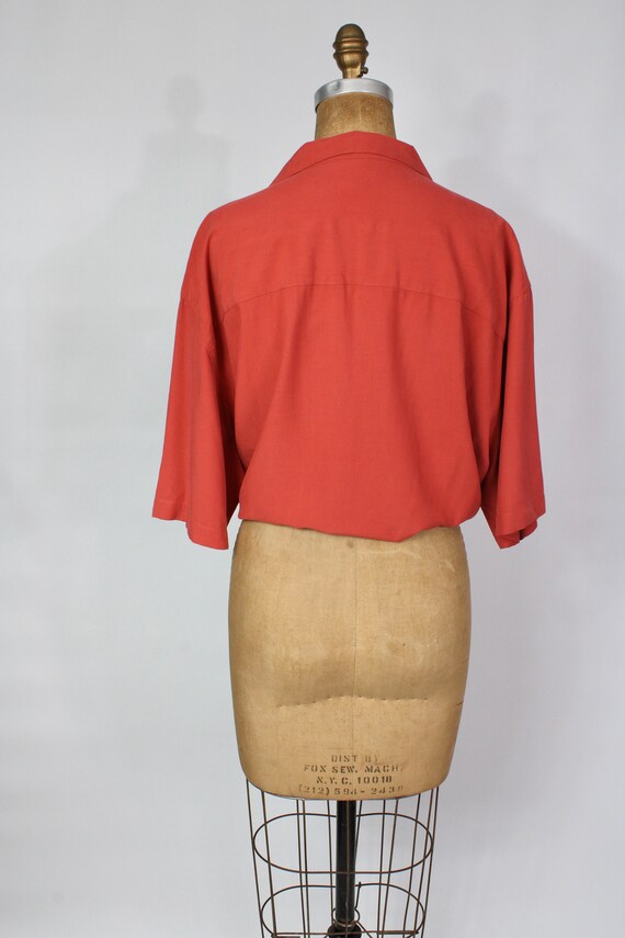 Vintage Embroidered SILK Shirt / 90s Orange Butto… - image 9