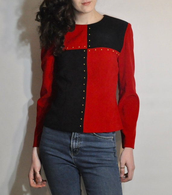 Harlequin Top / Black and Red Faux Suede Color Bl… - image 2