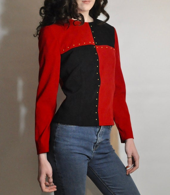 Harlequin Top / Black and Red Faux Suede Color Bl… - image 5