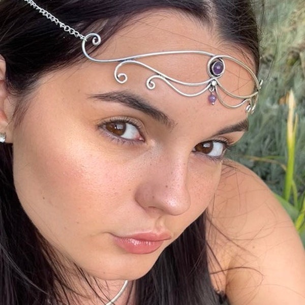 elven diadem, tiara, Celtic head chain, silver and amethyst