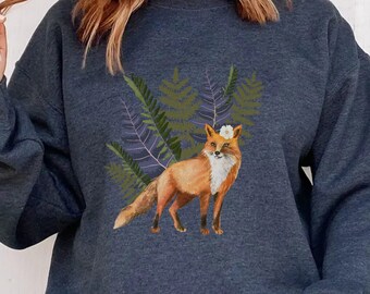 Fox and Fern Sweatshirt, Cottagecore sweater, Goblincore Crewneck, Forestcore Long Sleeve, Plus Size Jumper, Indie Apparel, Dark Fairycore