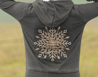 Bohemian Layered Snowflake design on the back of the  Hoodie, Winter Holiday Pullover Hooded Sweatshirt, Minimalist Snowflake Apparel