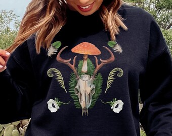 Animal Skull Sweatshirt,  Dark Cottagecore Sweater, Goblincore Crewneck, Mushroom Sweatshirt, Plus Size, Indie Apparel