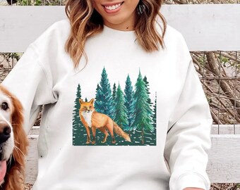 Sudadera Fox, Jersey para excursionistas, Crewneck para amantes de la naturaleza, Cuello para tripulaciones de árboles, Jersey para amantes del aire libre, Manga larga para pinos, Jersey de talla grande, Excursionista