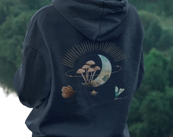 Moon Phase Mushroom Hoodie with Dragonfly and Butterfly, Celestial Design on the back of the sweatshirt, Bohemian Witch Pastel Goth Apparel