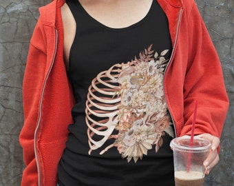 Fall inspired Rib Cage with Flowers Tank top, Floral Skeleton tank, Halloween Botanical Anatomy Apparel,  Bohemian Witch Ribcage Graphic Tee