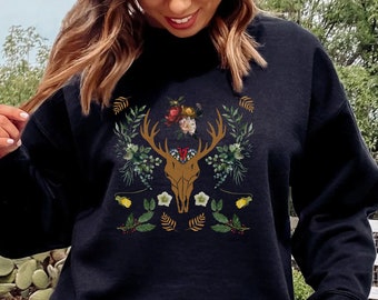 Sudadera Deer Skull, Suéter Cottagecore, Cuello Redondo Goblincore, Manga Larga Forestcore, Jersey De talla grande, Ropa Indie, Fairycore Oscuro