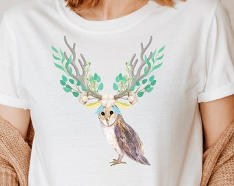 Camisa Owl with Antlers, camiseta Cottagecore, camiseta Fairycore, ropa Owl, camisa Witchy, talla grande, camiseta Forestcore, camiseta Grunge Fairycore