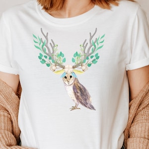 Owl with Antlers Shirt, Cottagecore Tshirt, Fairycore Tee, Owl Apparel, Witchy shirt, Plus size, Forestcore T-shirt, Grunge Fairycore tee