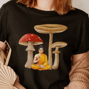 Meditation Shirt with Mushroom Umbrellas and a sitting Buddha, Buddhist and Mushroom Lover Gift, Zen Magic Mushroom T shirt