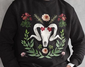 Bluza z kapturem Dark Cottagecore Rams Skull Pullover, sweter Botanical Pastel Goth, odzież Emo Goblincore Floral, czarny sweter gotycki