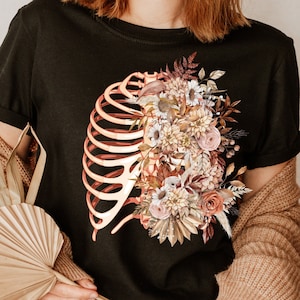 Fall inspired Rib Cage with Flowers T shirt, Floral Skeleton Shirt, Halloween Botanical Anatomy Apparel,  Bohemian Witch Ribcage Graphic Tee