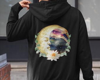 Crescent Man in the Moon with a Lotus Flower and Vines , Celestial Design on the back of the sweatshirt, Bohemian Witch Pastel Goth Apparel