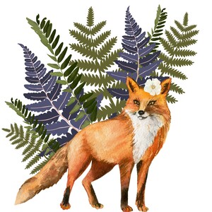 May include: A watercolour illustration of a fox with orange fur, a white chest, and a white flower on its head. The fox stands before a backdrop of green, purple, and olive-coloured fern leaves. The artwork has a whimsical, nature-inspired theme.