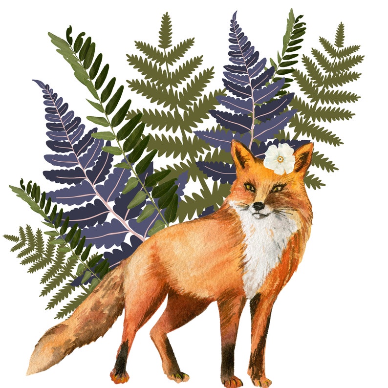 May include: A watercolour illustration of a fox with orange fur, a white chest, and a white flower on its head. The fox stands before a backdrop of green, purple, and olive-coloured fern leaves. The artwork has a whimsical, nature-inspired theme.