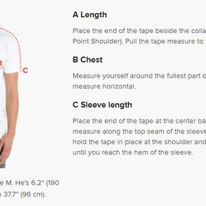 May include: A white t-shirt on a person, with dotted lines and letters A, B, and C indicating measurement points. Text explains how to measure length, chest, and sleeve length. The model is 190 cm tall with a 96 cm chest.