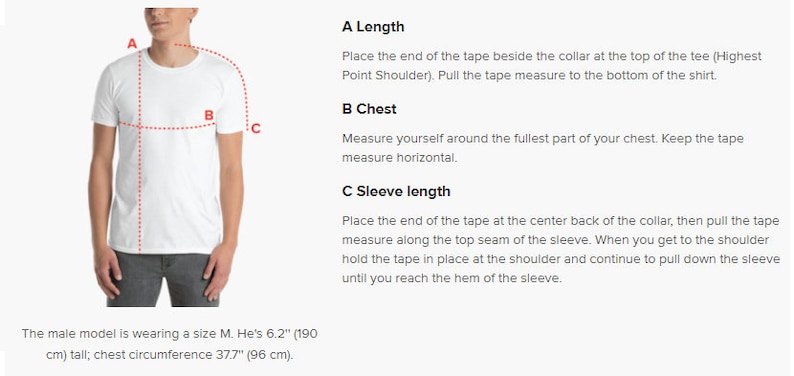 May include: A white t-shirt on a person, with dotted lines and letters A, B, and C indicating measurement points. Text explains how to measure length, chest, and sleeve length. The model is 190 cm tall with a 96 cm chest.