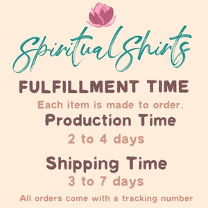 May include: A graphic with the text "Spiritual Shirts" in teal script, a lotus flower illustration, and fulfillment details. The text includes "Production Time 2 to 4 days" and "Shipping Time 3 to 7 days."