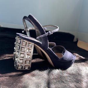MIU MIU Navy Suede Crystal Block Heel Platform Sandals Heels Shoes Retail 1300 USD Size 8.5