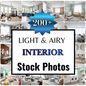 Pode incluir: Uma colagem de fotos de stock de design de interiores. A imagem apresenta várias divisões, incluindo salas de estar, quartos e cozinhas, mostrando uma estética leve e arejada. O texto na imagem diz "200+ LIGHT & AIRY INTERIOR Stock Photos."