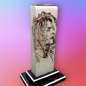 Personalized Pyrography Art Statue of Kurt Cobain Nirvana Handmade to Order from Any Photo Custom Woodburning Portrait Personalized Gifts