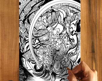 May include: A black and white illustration of a samurai warrior with a sword, surrounded by swirling patterns and a circle. The illustration is being colored in with a pencil.