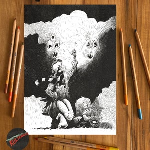 Unique golden age comic style digital downloadable adult coloring page with Time Adventurers