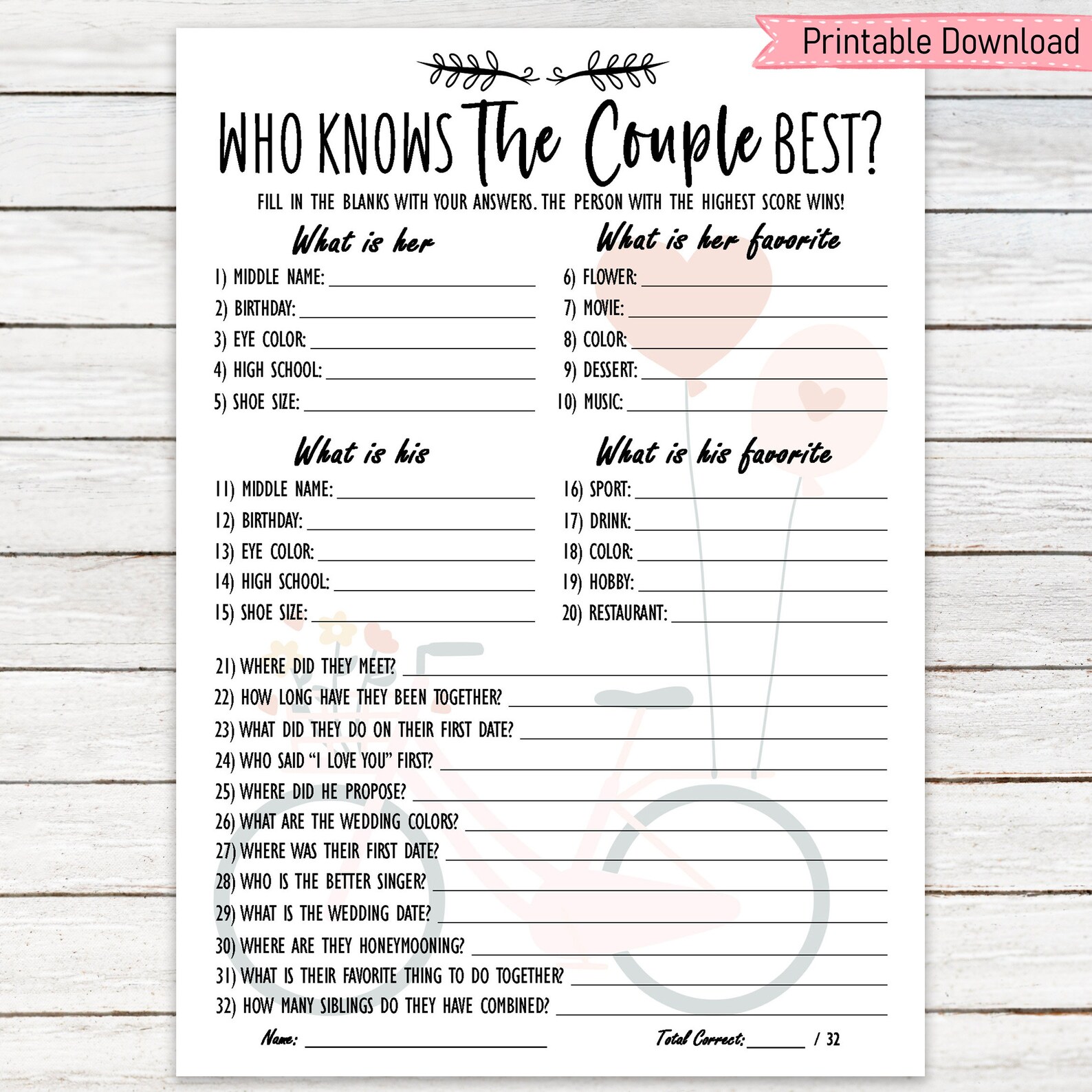 Who Knows The Couple Best Game A Sweet Couple Trivia Game Etsy
